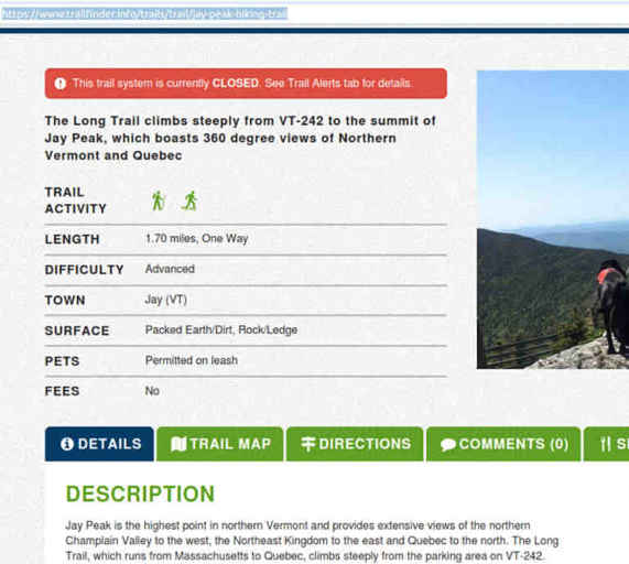 Website claim that Long Trail is all closed