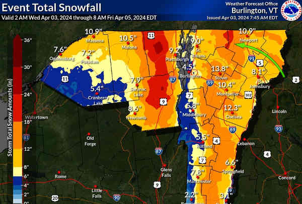 Snowfall predictions for NY and VT