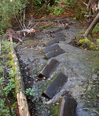 Wood-block steps set into the rock