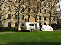 Giant airstream flying toaster across the lawn